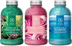Bath Salts Swiss Stone Pine, Rose, Sea Breeze - Set 3 * 21.16 Oz (600g) - Bath Soak - Natural Sea Salt - Body Care - Beauty - Wellness - Relaxation - Aromatherapy Bath Salts