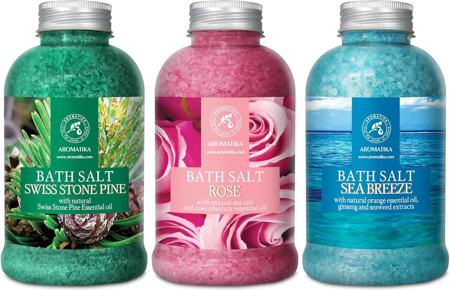 Bath Salts Swiss Stone Pine, Rose, Sea Breeze - Set 3 * 21.16 Oz (600g) - Bath Soak - Natural Sea Salt - Body Care - Beauty - Wellness - Relaxation - Aromatherapy Bath Salts