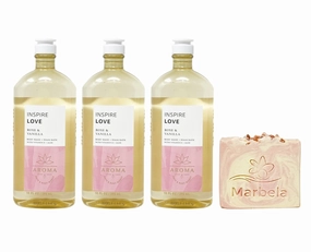 Bath & Body Works Aroma Inspire Love ROSE   VANILLA 3 Pack Body Wash   Foam Bath Set with a Himalayan Salts Springs Bar Soap - Full Size