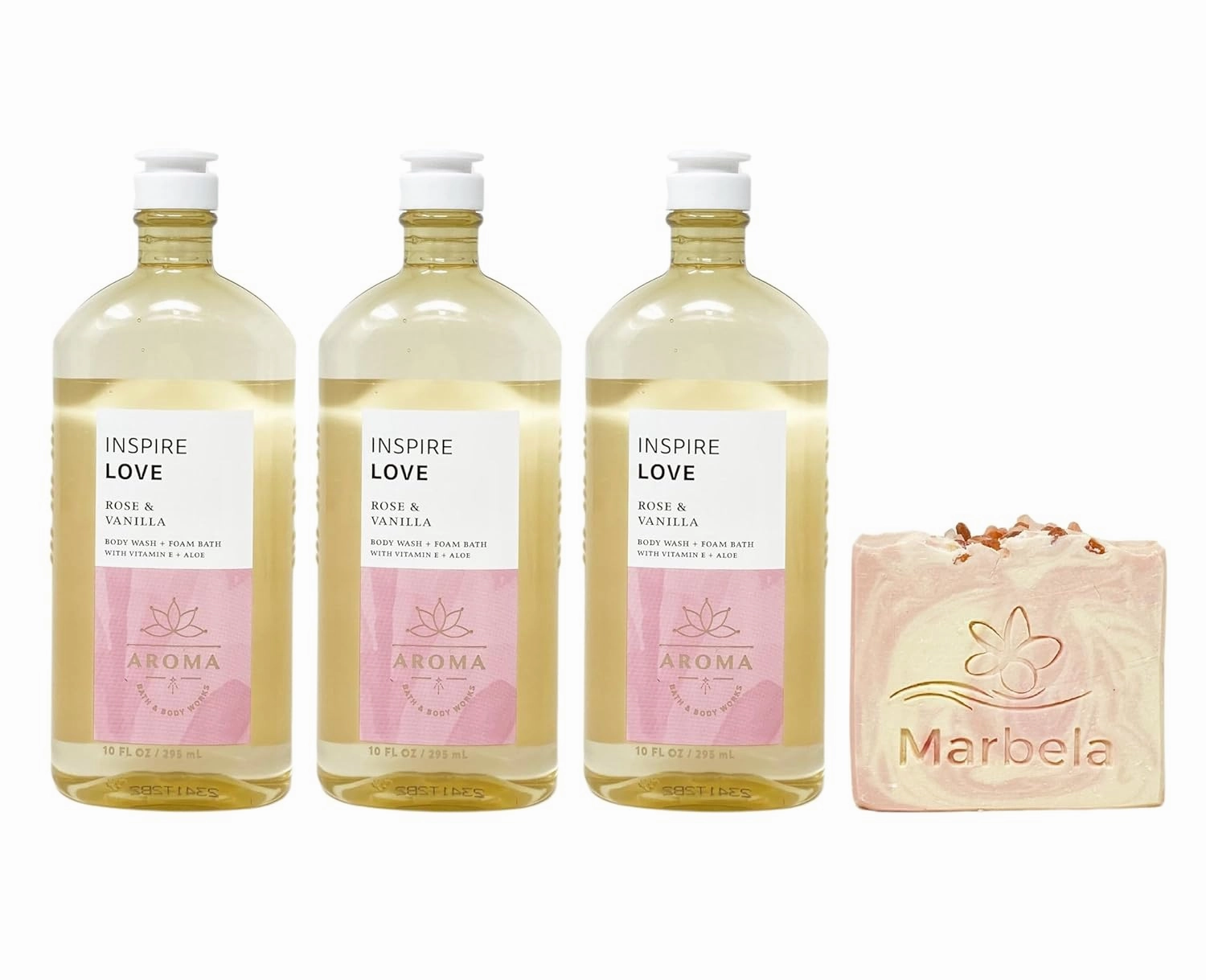 Bath & Body Works Aroma Inspire Love ROSE   VANILLA 3 Pack Body Wash   Foam Bath Set with a Himalayan Salts Springs Bar Soap - Full Size