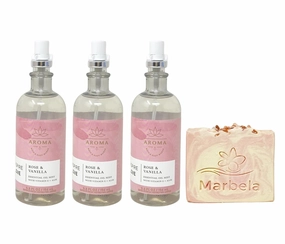 Bath & Body Works Aroma Inspire Love ROSE   VANILLA 3 Pack Essential Oil Mist Set with a Himalayan Salts Springs Bar Soap - Full Size