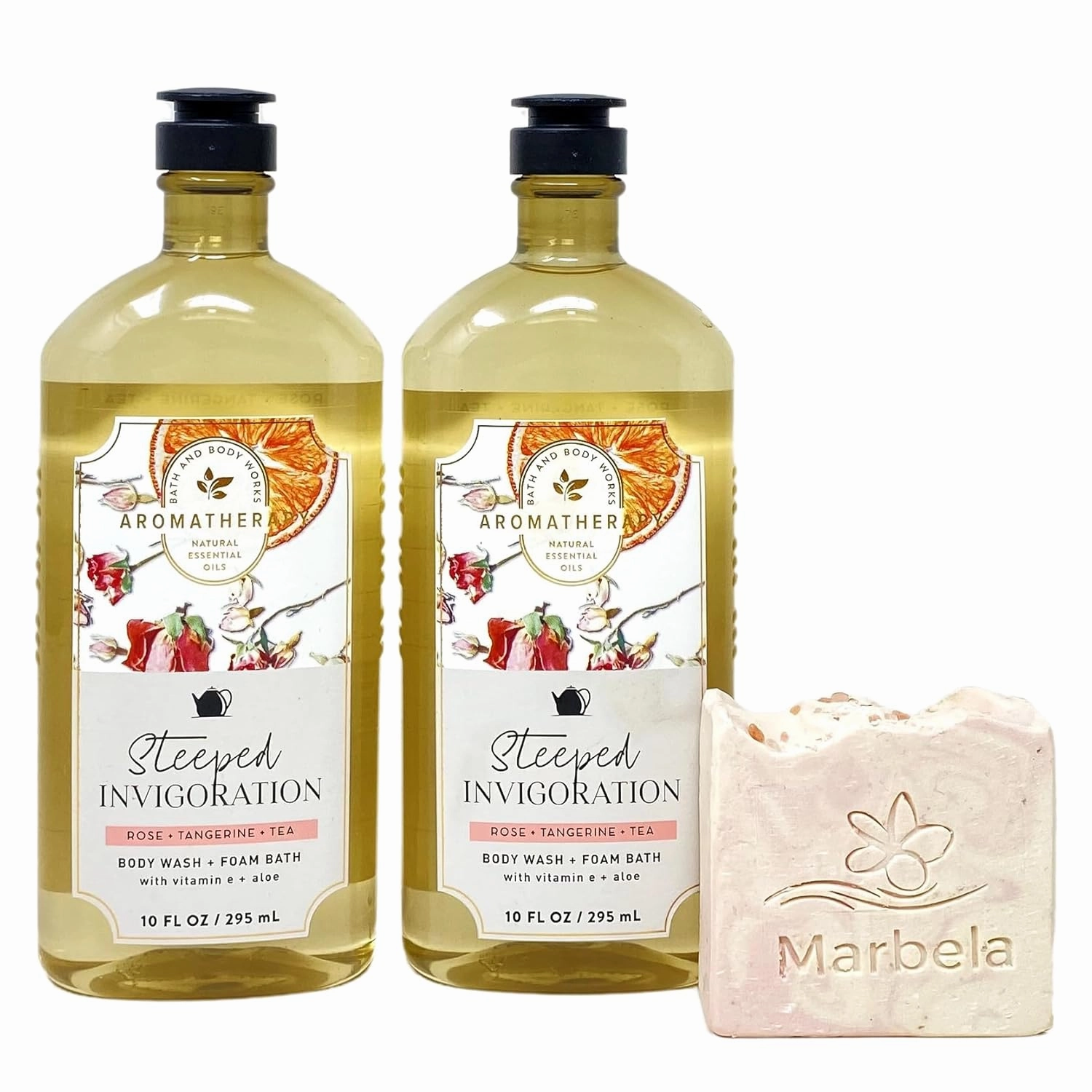Bath & Body Works Aromatherapy Steeped Invigoration Rose   Tangerine   Tea 2 Pack Body Wash   Foam Bath Bundle with a Himalayan Salts Springs Bar Soap - Full Size