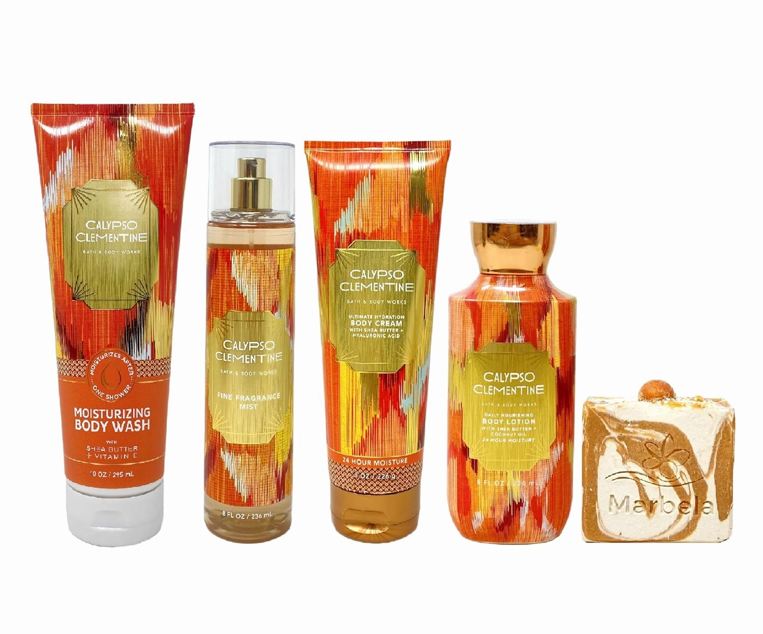 Bath & Body Works Calypso Clementine 4 Piece Bundle - Fragrance Mist - Body Cream - Body Lotion - Moisturizing Body Wash - with a Peach Gardenia Bar Soap - Full Size