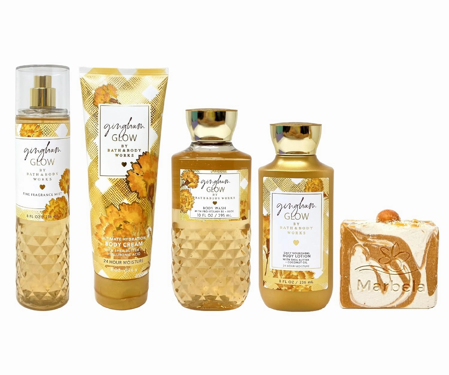 Bath & Body Works Gingham Glow Deluxe Bundle with Marbela Peach Gardenia Bar Soap - Unisex Skin Care Set for Whole Body - Golden Sunflower Scent - Moisturizing - 226g