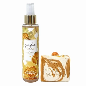 Bath & Body Works Gingham Glow Diamond Shimmer Mist with a Peach Gardenia Bar Soap - 4.9 fl oz / 145 mL