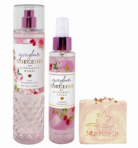 Bath & Body Works Gingham Gorgeous Fragrance Mist and Shimmer Mist Duo Set with a Himalayan Salts Springs Bar Soap - Full Size