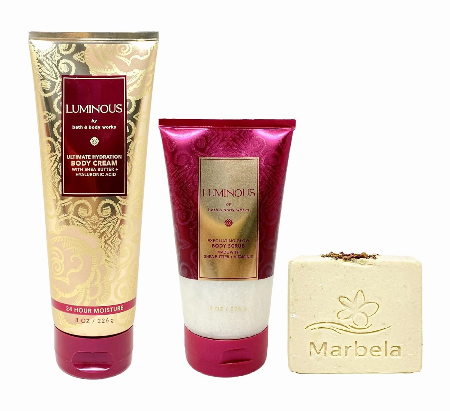 Bath & Body Works Luminous Body Cream and Body Scrub Gift Set with a Creamy Rose Bar Soap - Full Size