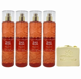 Bath & Body Works Peach Bellini 4 Pack Fragrance Mist Bundle with a Wild Jasmine Bar Soap - Full Size
