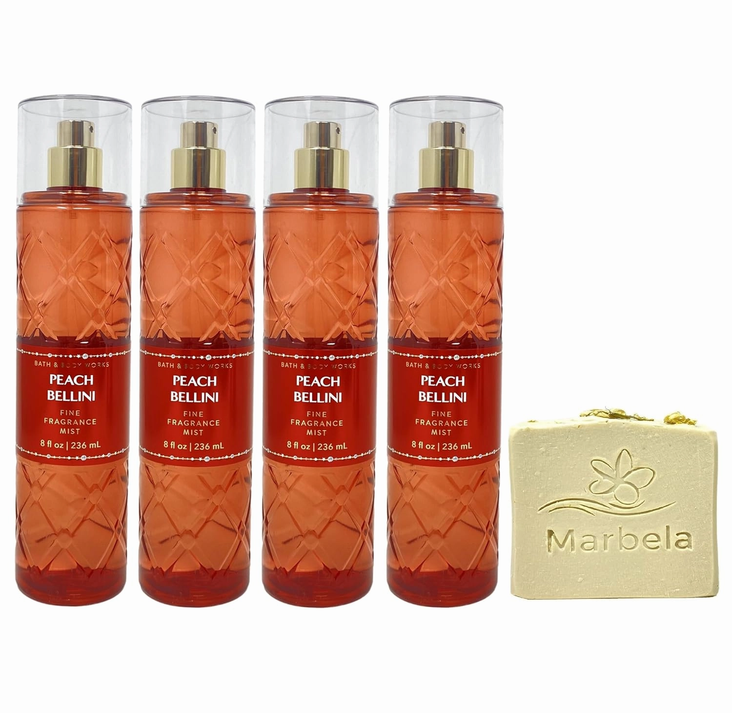 Bath & Body Works Peach Bellini 4 Pack Fragrance Mist Bundle with a Wild Jasmine Bar Soap - Full Size