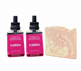 Bath & Body Works Plumeria - 2 Pack Wallflowers Home Fragrance Refill Bundle with a Himalayan Salts Springs Sample Soap.