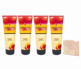 Bath & Body Works Sparkling Peach Sangria 4 Pack Body Cream Bundle with a Himalayan Salts Springs Sample Soap