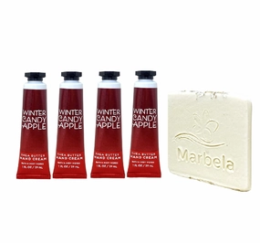 Bath & Body Works Winter Candy Apple 4 Pack Shea Butter Hand Cream Bundle with a Natural Oats Sample Soap