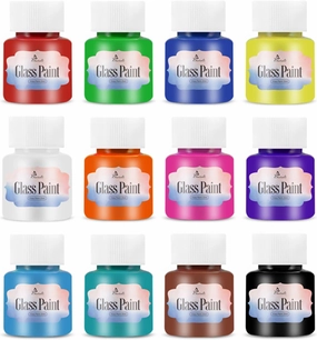 Bearals Glass Paint, Stained Glass Painting, Non-Toxic Glass Paint for Glass, Windows, Wine Bottles, and Ceramics (12 x 0.84 fl.oz)
