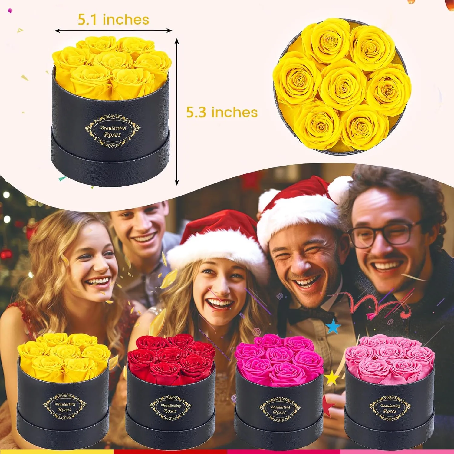 Beaulasting Long Lasting Preserved Roses in a Box Last a Year Forever Flowers for Her Mom Wife Anniversary Birthday (Round Black Box, Yellow)