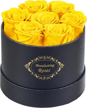 Beaulasting Long Lasting Preserved Roses in a Box Last a Year Forever Flowers for Her Mom Wife Anniversary Birthday (Round Black Box, Yellow)