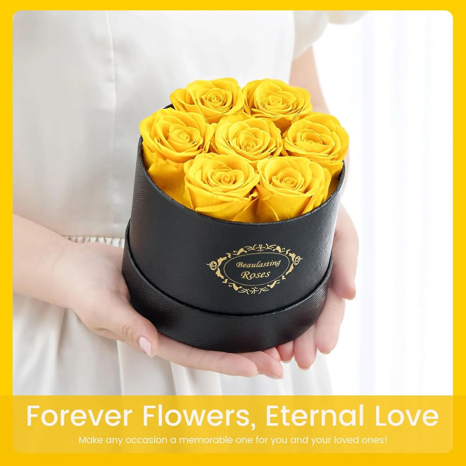 Beaulasting Long Lasting Preserved Roses in a Box Last a Year Forever Flowers for Her Mom Wife Anniversary Birthday (Round Black Box, Yellow)