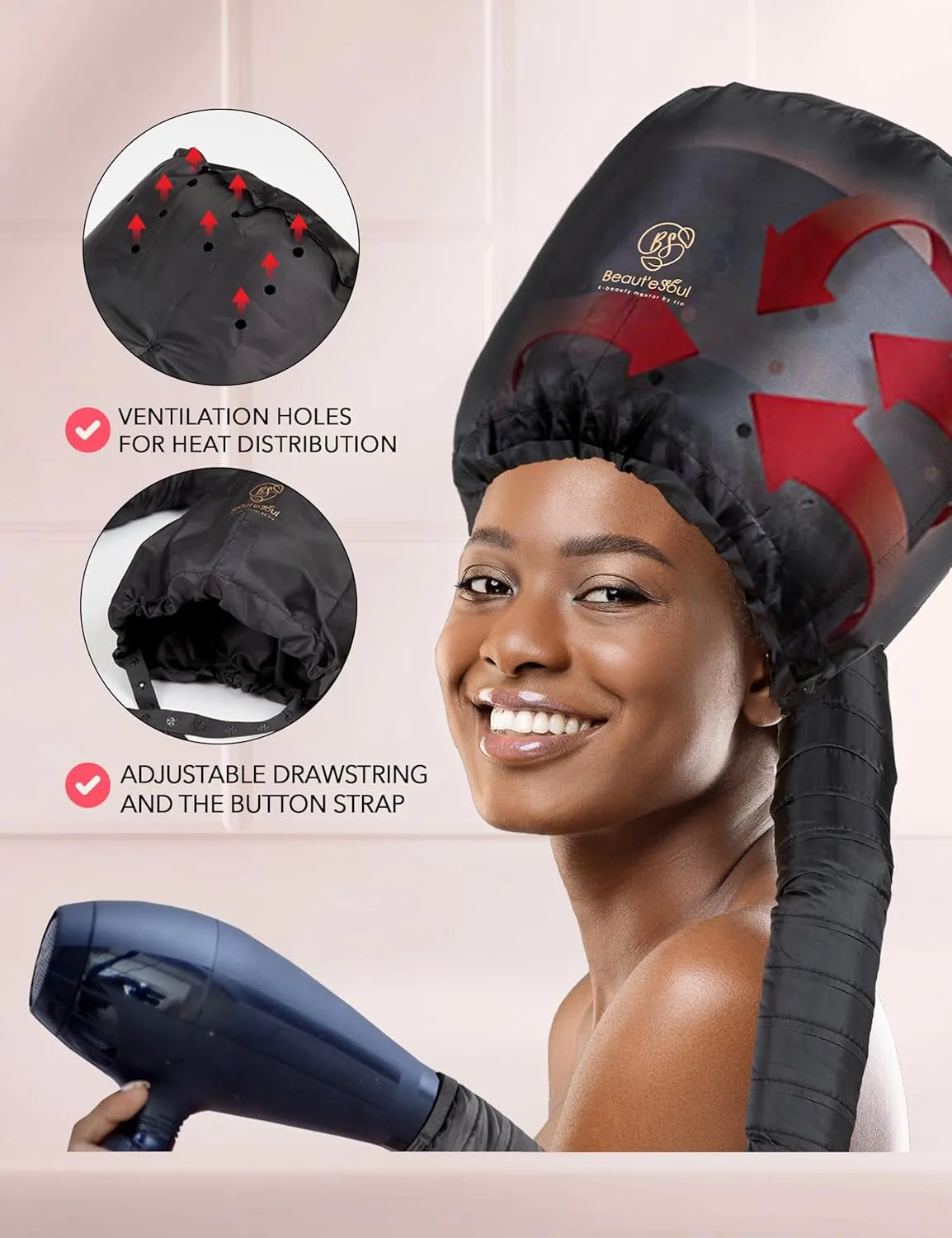 BEAUT'E SEOUL Bonnet Hair Dryer Attachment – Large Soft Hood for Handheld Blow Dryers, Deep Conditioning Cap for Natural Curly Hair, Quick Drying & Hair Treatment