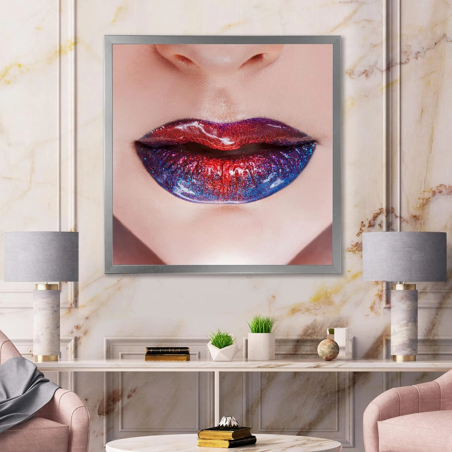 Beautiful Women Lips With Bright Lipstick Modern Framed Wall Art