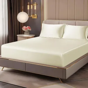 BEDELITE Satin Fitted Sheet and Pillowcases Set, Luxury Soft Similar to Silk Bottom Bedsheet with Elastic Corner Straps, Deep Pocket up to 15 Inch, 1 Fitted Sheet and 2 Pillowcases(Cal King, Beige)
