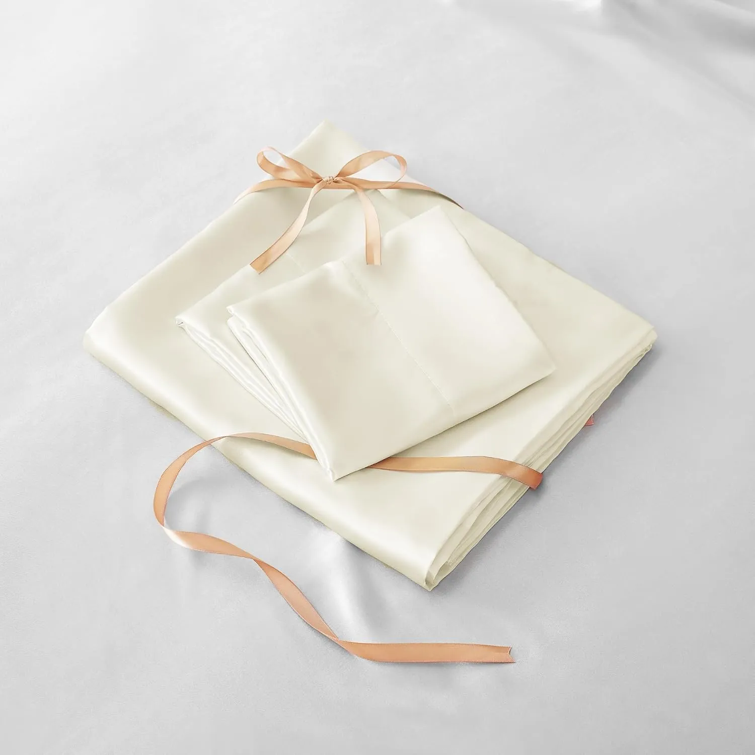 BEDELITE Satin Fitted Sheet and Pillowcases Set, Luxury Soft Similar to Silk Bottom Bedsheet with Elastic Corner Straps, Deep Pocket up to 15 Inch, 1 Fitted Sheet and 2 Pillowcases(Cal King, Beige)