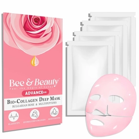 Bee & Beauty Bio Collagen Overnight Mask Pack Of 4 Korean Face Mask For Glass Skin Pink Sheet Mask For Deep Hydration, Rejuvenation With Bulgarian Rose