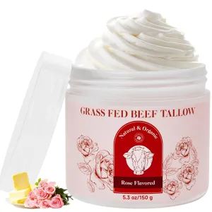 Beef Tallow for Skin, Whipped Beef Tallow For Skin, Tallow Face Moisturizer, Rose-Flavoured Whipped Tallow Face Cream Moisturizer Beef Tallow Blam Grass Fed Body Lotion Skin Care, 5.3 OZ