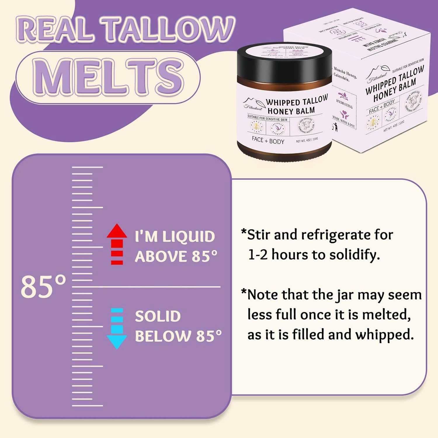 Beef Tallow for Skin, Tallow And Honey Balm, 100% Natural Beef Tallow for Face, Organic Grass-Fed Beef Tallow and Honey Balm, Whipped Beef Tallow Face Moisturizer Body Cream, Lavender 4oz