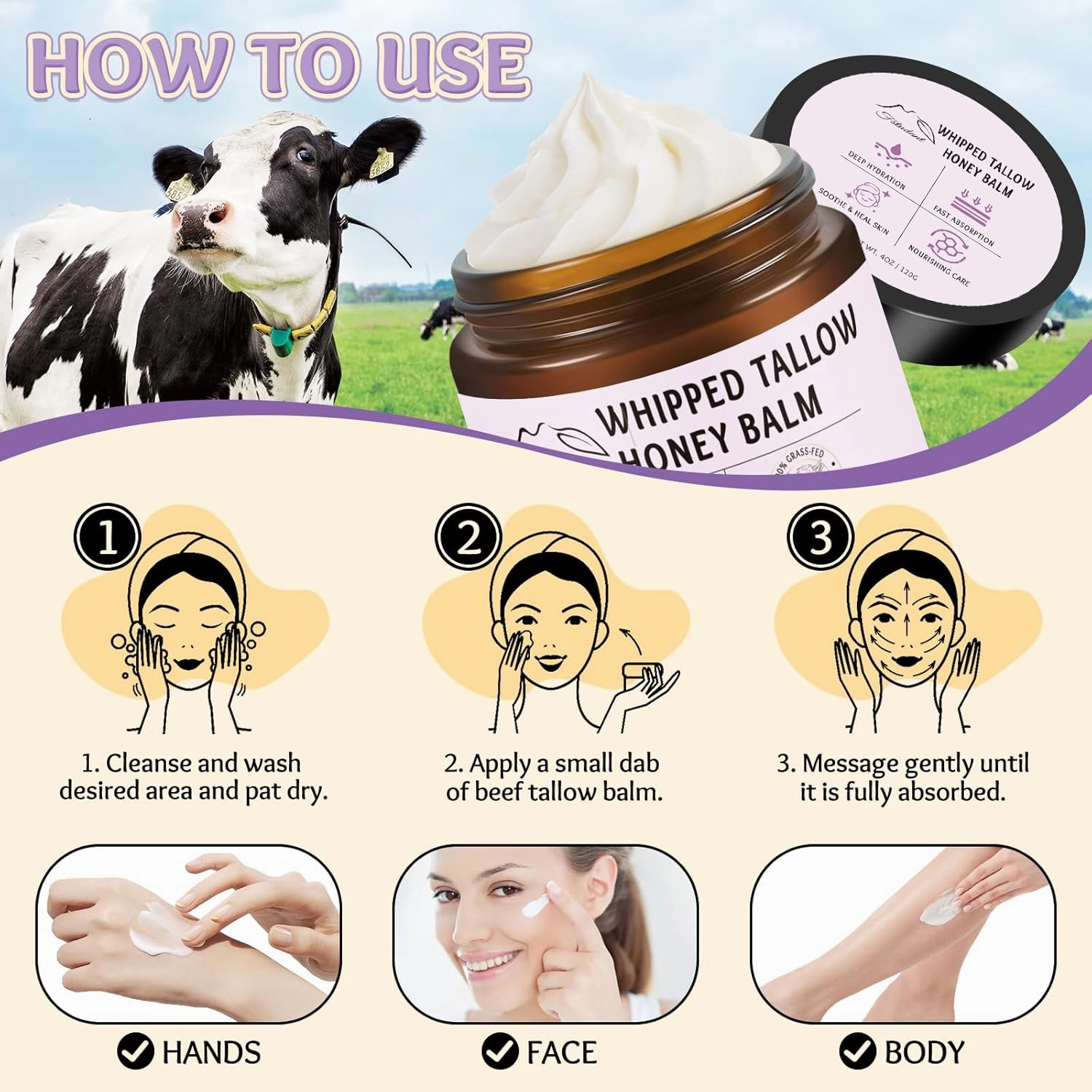 Beef Tallow for Skin, Tallow And Honey Balm, 100% Natural Beef Tallow for Face, Organic Grass-Fed Beef Tallow and Honey Balm, Whipped Beef Tallow Face Moisturizer Body Cream, Lavender 4oz