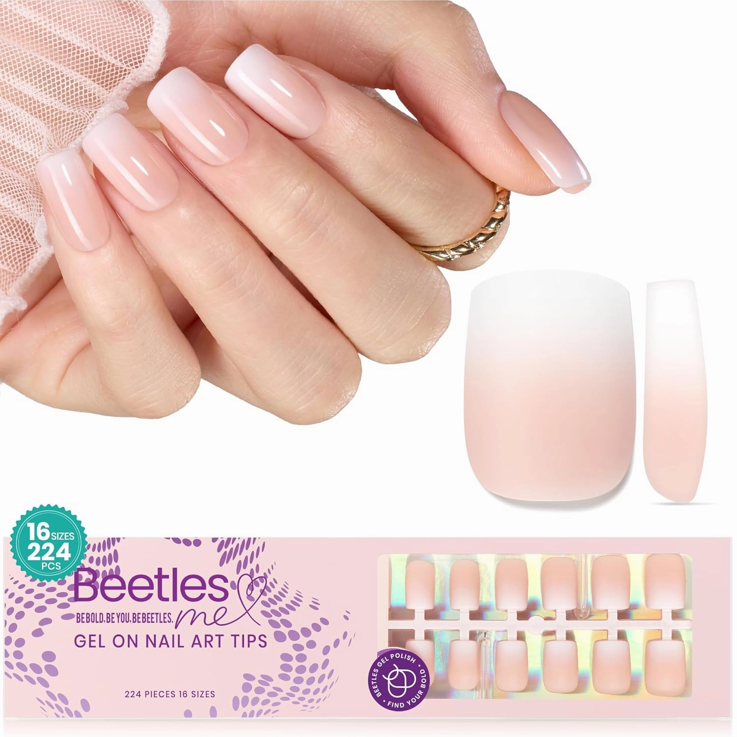 Beetles Ombre Short Square Press on Nails, 224Pcs Peach Square Ombre Press On Nails, 16 Sizes Reusable Fake Nails No Need to File Easy False Nail Tips for Nail Extension DIY Nails Gift for Women