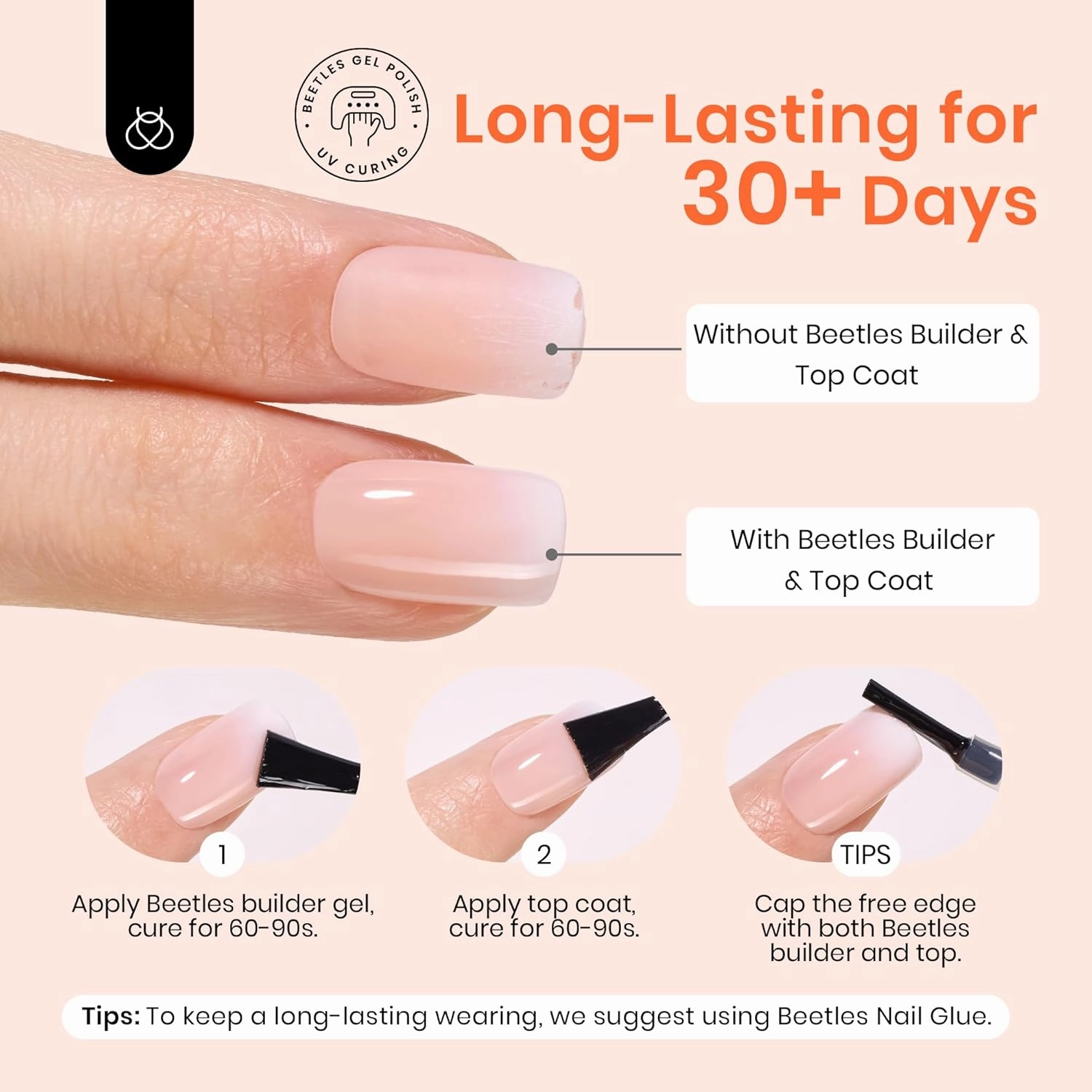 Beetles Ombre Short Square Press on Nails, 224Pcs Peach Square Ombre Press On Nails, 16 Sizes Reusable Fake Nails No Need to File Easy False Nail Tips for Nail Extension DIY Nails Gift for Women