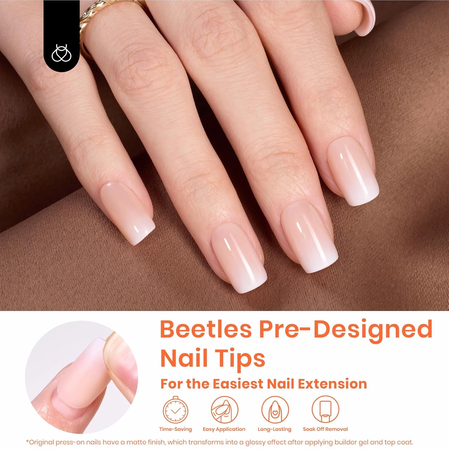 Beetles Ombre Short Square Press on Nails, 224Pcs Peach Square Ombre Press On Nails, 16 Sizes Reusable Fake Nails No Need to File Easy False Nail Tips for Nail Extension DIY Nails Gift for Women