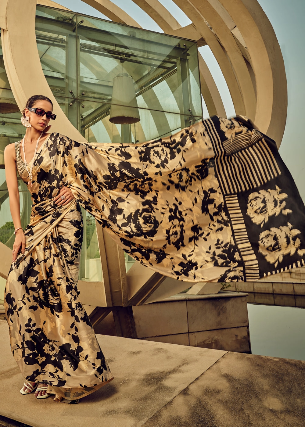 Beige and Black Satin Crepe Printed Silk Saree