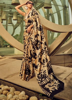 Beige and Black Satin Crepe Printed Silk Saree