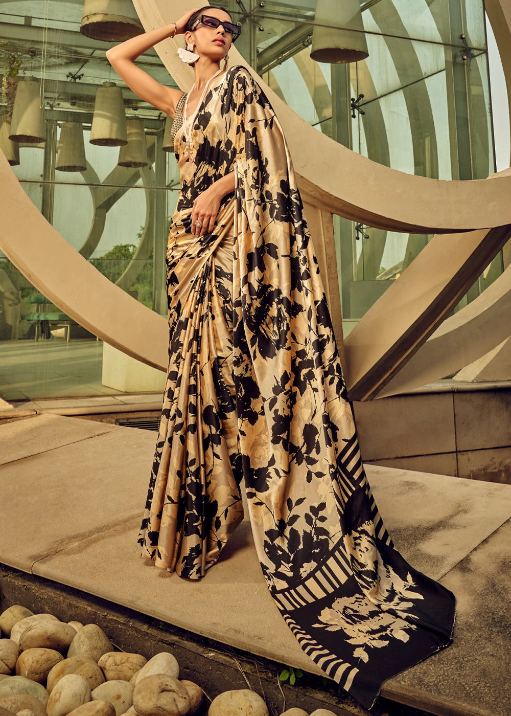 Beige and Black Satin Crepe Printed Silk Saree