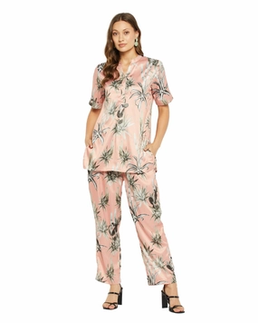 Beige Color Floral Printed Satin Cord Set For Women