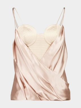Beige Draped Satin Bustier Top