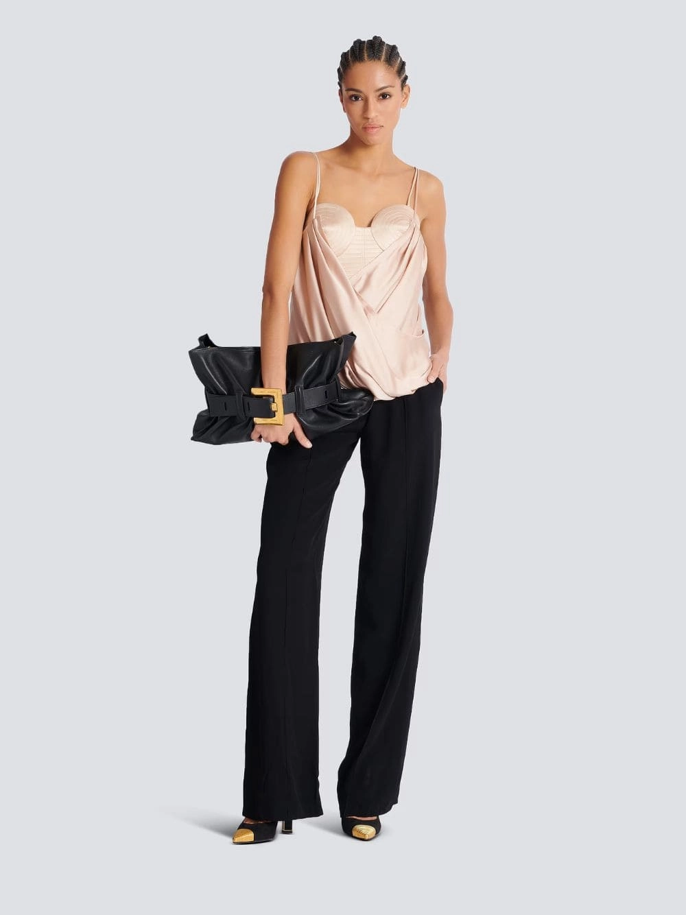 Beige Draped Satin Bustier Top