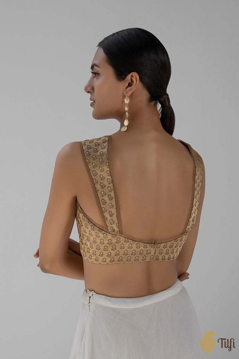 Beige Pure Soft Satin Silk Organza Handwoven Banarasi Blouse