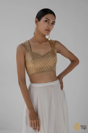 Beige Pure Soft Satin Silk Organza Handwoven Banarasi Blouse