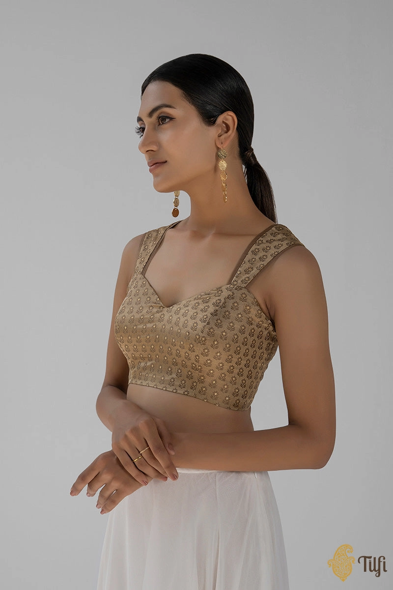 Beige Pure Soft Satin Silk Organza Handwoven Banarasi Blouse