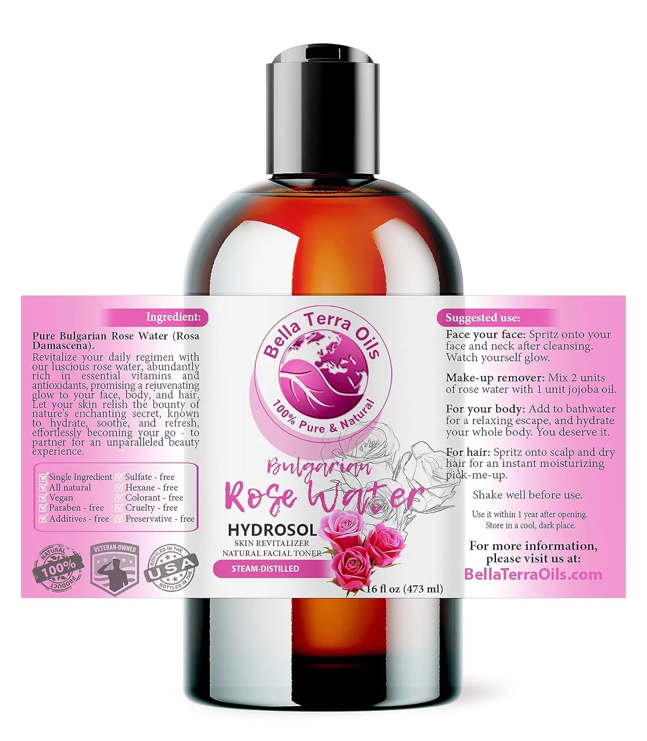 Bella Terra Oils - Organic Rose Water Mist 16oz - Infused with Authentic Rose Essence, Elevate Your Daily Beauty Ritual, Essential for Skin Hydration