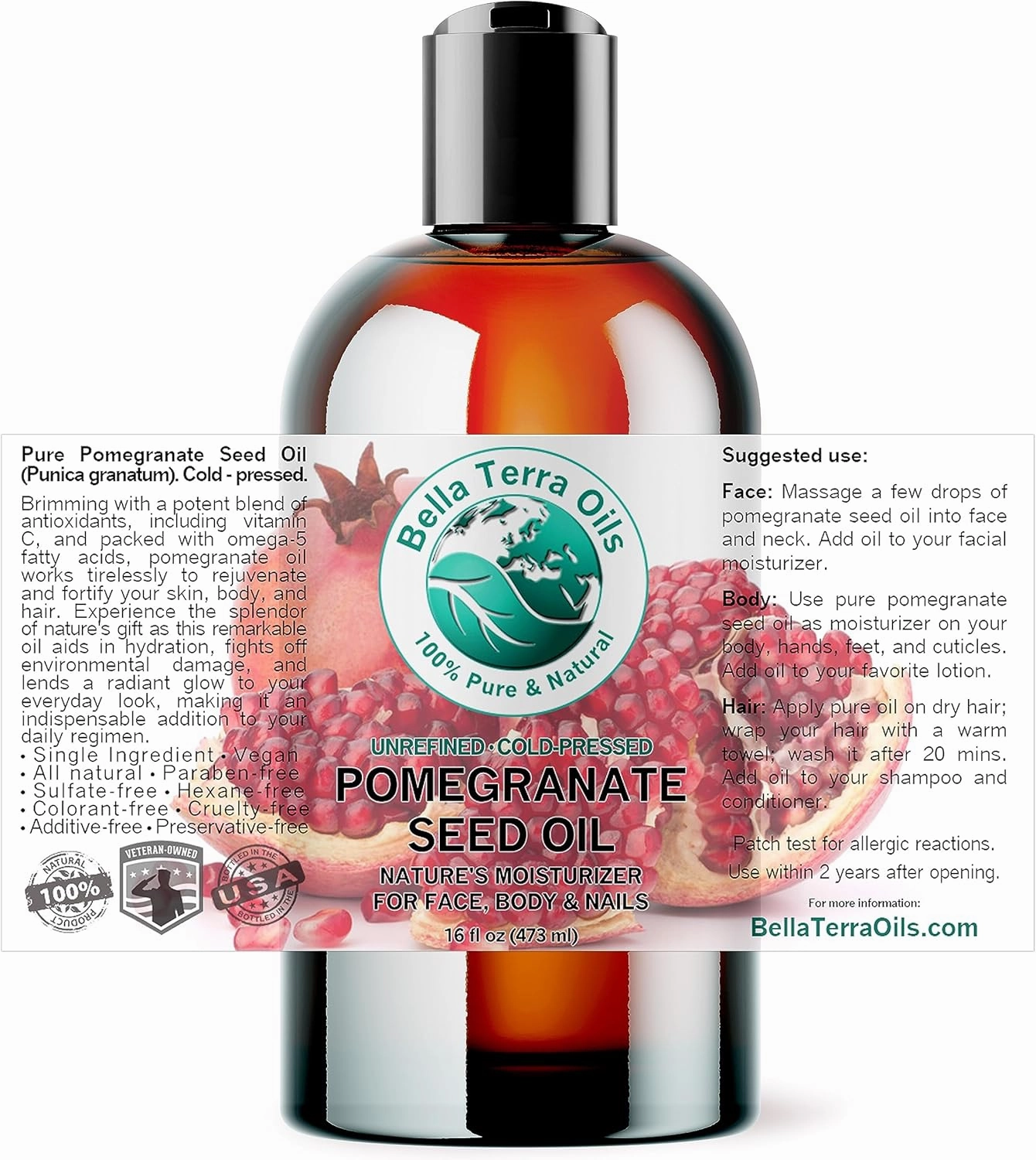 Bella Terra Oils - Organic Pomegranate Seed Oil 16 oz - Revel in The Essence of Punicic Acid & Ellagic Acid, Nature’s Gift for Radiant & Nourished Skin