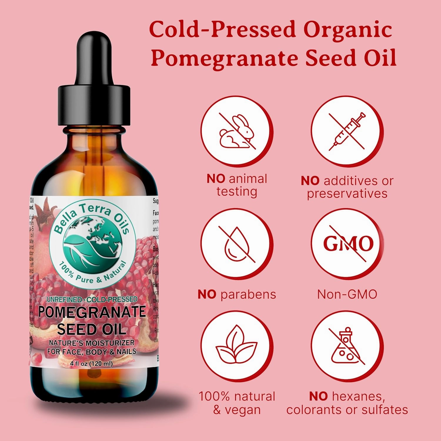 Bella Terra Oils - Organic Pomegranate Seed Oil 16 oz - Revel in The Essence of Punicic Acid & Ellagic Acid, Nature’s Gift for Radiant & Nourished Skin