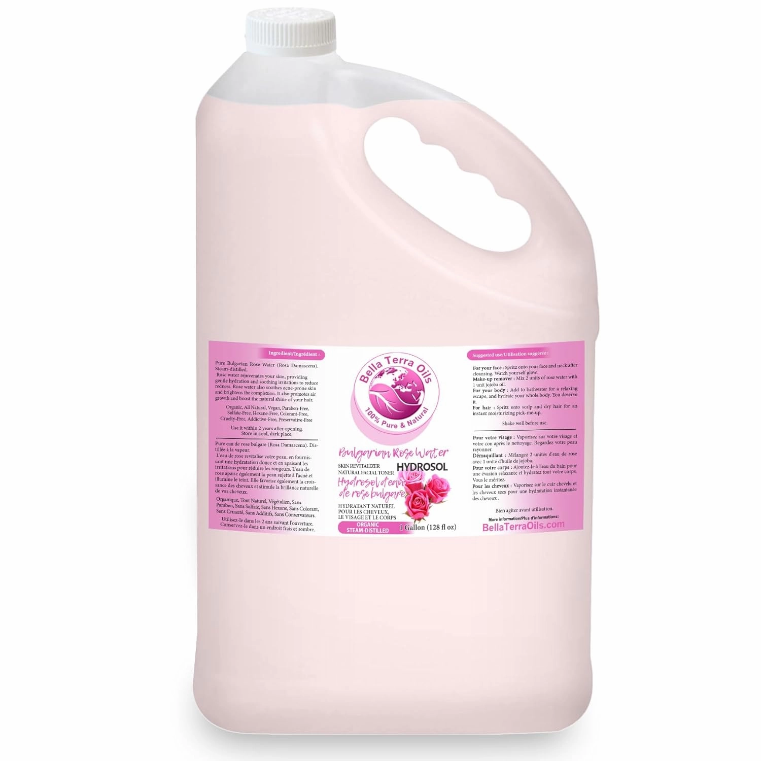 Bella Terra Oils Authentic Rose Water Hydrosol – 1gallon, Steam Distilled, Gentle, Rejuvenating, Refreshing Facial Toner