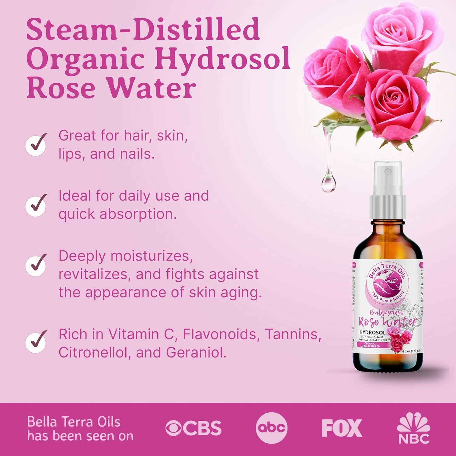 Bella Terra Oils Authentic Rose Water Hydrosol – 1gallon, Steam Distilled, Gentle, Rejuvenating, Refreshing Facial Toner