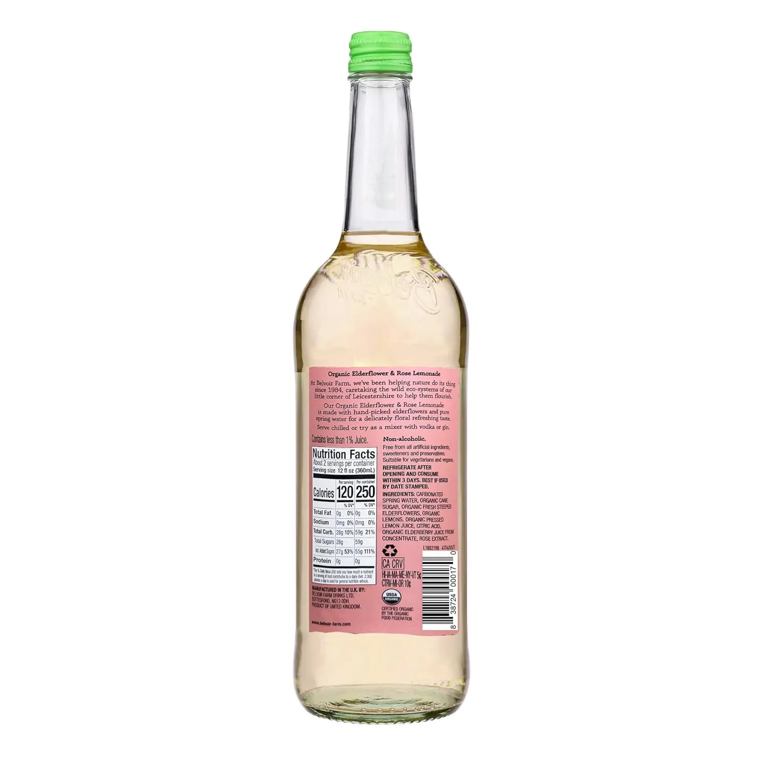 Belvoir Organic Elderflower Rose Lemonade, 25.4 Fl Oz | Delicate Floral Lemonade | Organic Elderflower and Rose Extracts | Perfect for Summer | No Artificial Preservatives