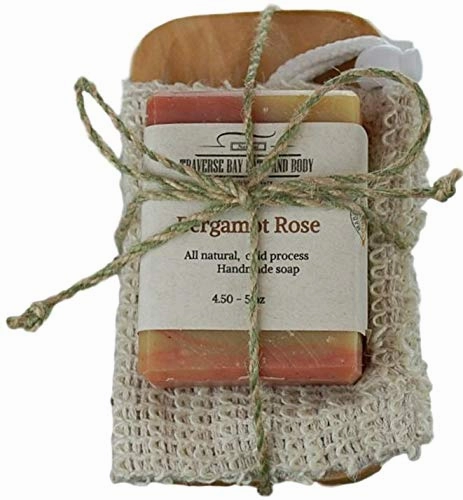 Bergamot Rose and French pink clay, All natural handmade soap, with soap dish and soap saver bag. Healing Essential oil soap, Great gift.