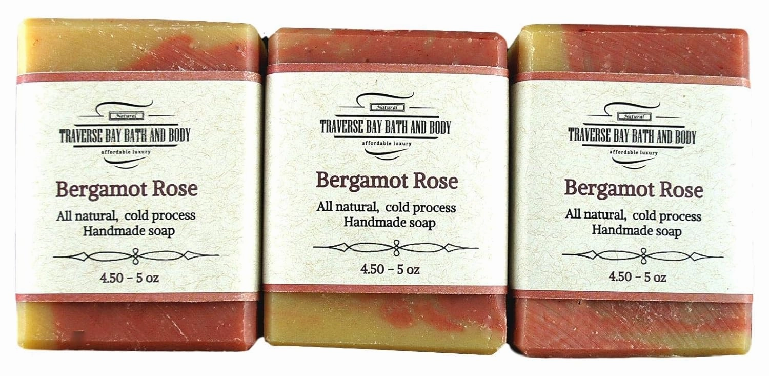 Bergamot Rose with French pink clay, all natural handmade cold process soap, essential oil soap. 3 bar pack 15   oz. Made in the USA