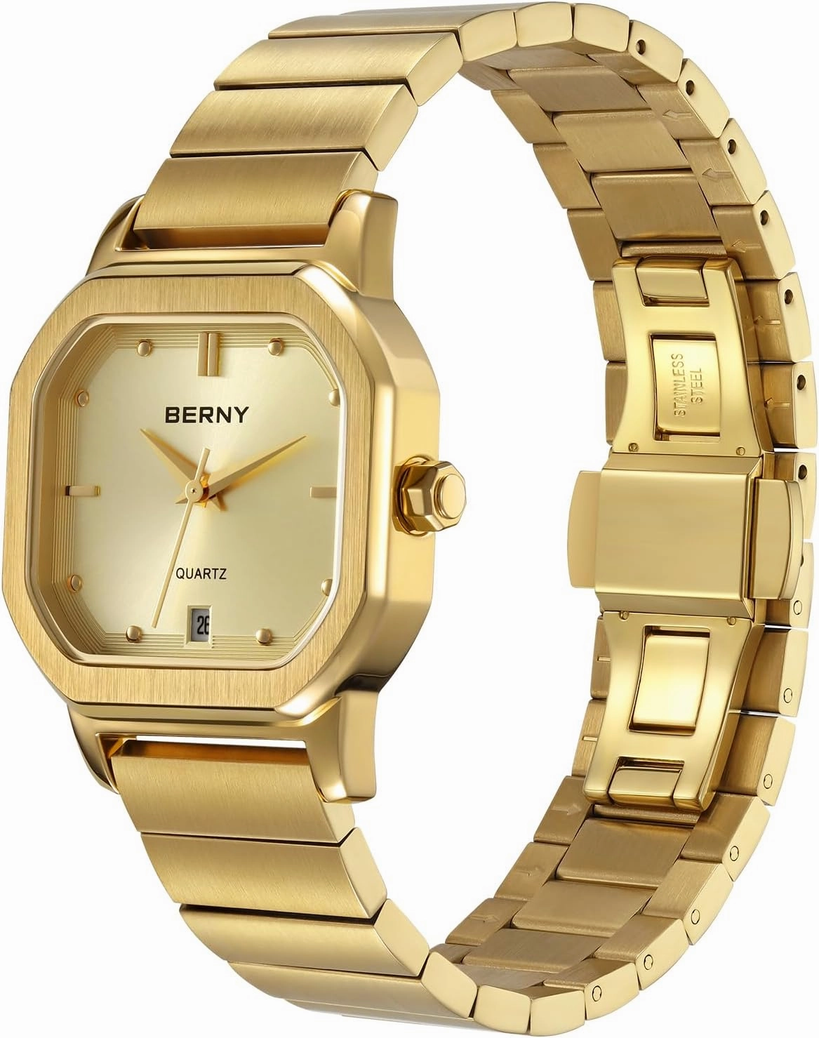 BERNY Gold Watch for Men Luxury Square Quartz Watch Men's Casual Analog Watches with Date Calendar Japanese Movement Stainless Steel Case/Watch Band