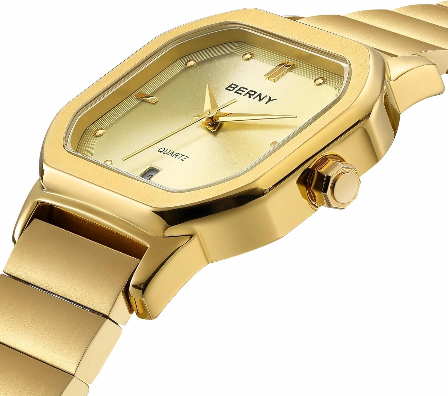 BERNY Gold Watch for Men Luxury Square Quartz Watch Men's Casual Analog Watches with Date Calendar Japanese Movement Stainless Steel Case/Watch Band